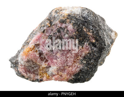 Raw, uncut rhodonite ((Mn, Fe, Mg, Ca)SiO3) from Africa on matrix isolated on white background Stock Photo