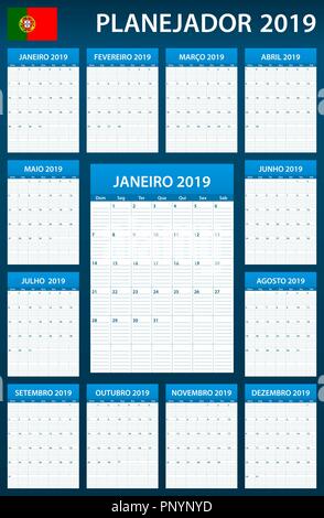 Portuguese Planner blank for 2019. Scheduler, agenda or diary template. Week starts on Monday Stock Vector