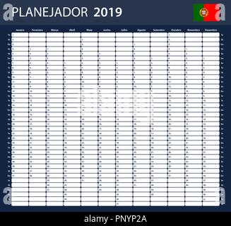 Portuguese Planner blank for 2019. Scheduler, agenda or diary template. Week starts on Monday Stock Vector