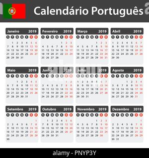 Portuguese Calendar for 2019. Scheduler, agenda or diary template. Week starts on Monday Stock Vector