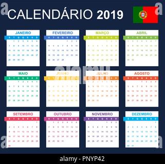 Portuguese Calendar for 2019. Scheduler, agenda or diary template. Week starts on Monday Stock Vector