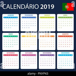 Portuguese Calendar for 2019. Scheduler, agenda or diary template. Week starts on Monday Stock Vector