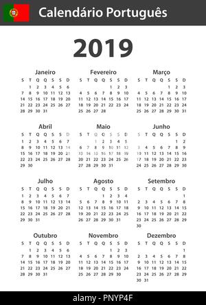 Portuguese Calendar for 2019. Scheduler, agenda or diary template. Week starts on Monday Stock Vector