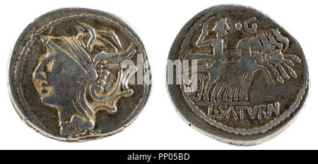 Roman Republic Coin. Ancient Roman silver denarius of the family Appuleia. Stock Photo