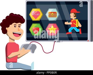 cartoon woman playing videogames on television over white background, vector illustration Stock Vector