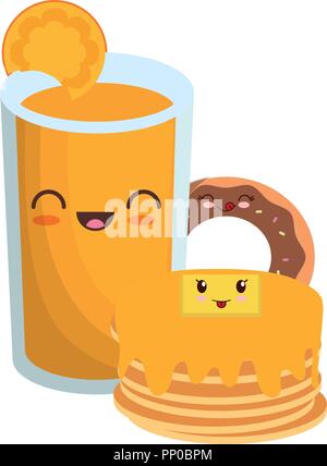 kawaii pancakes with orange juice and donut  over white background, vector illustration Stock Vector