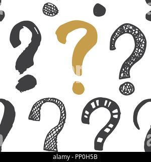 Questions marks seamless pattern. Hand drawn sketched doodle signs, grunge textured retro background. Vintage typography design print, vector illustra Stock Vector