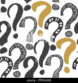 Questions marks seamless pattern. Hand drawn sketched doodle signs, grunge textured retro background. Vintage typography design print, vector illustra Stock Vector
