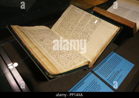 Canberra, Australia. 23 September 2018. Photo taken on Sept. 21, 2018 shows a voyage journal for display at National Library of Australia, in Canberra, Australia. Two hundred and fifty years after James Cook set off for his first voyage to the Pacific, the National Library of Australia launched an exhibition to commemorate the captain who discovered the land. The exhibition, Cook and the Pacific, which runs from Sept. 22 until Feb. 10, 2019, tells the stories of Cook's voyages in the Pacific and the rich cultures he encountered. TO GO WITH Feature: Exploring Captain Cook's world with Credit: X Stock Photo