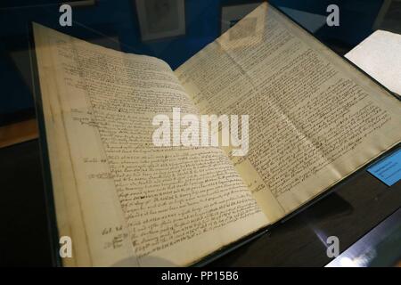 Canberra, Australia. 23 September 2018. Photo taken on Sept. 21, 2018 shows a voyage journal for display at National Library of Australia, in Canberra, Australia. Two hundred and fifty years after James Cook set off for his first voyage to the Pacific, the National Library of Australia launched an exhibition to commemorate the captain who discovered the land. The exhibition, Cook and the Pacific, which runs from Sept. 22 until Feb. 10, 2019, tells the stories of Cook's voyages in the Pacific and the rich cultures he encountered. TO GO WITH Feature: Exploring Captain Cook's world with Credit: X Stock Photo