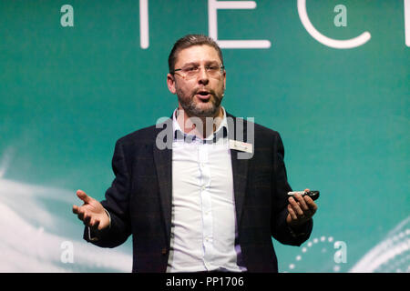 Professor Nick Colosimo of BAE Systems talking about what advances in augmented reality could mean for the next generation of combat aircraft, on the Technology Stage, at New Scientist Live Stock Photo