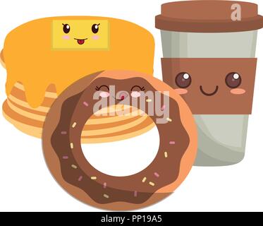 kawaii pancakes with donut and coffee cup over white background, vector illustration Stock Vector