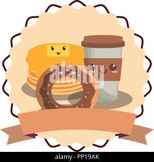 emblem with kawaii pancakes with donut and coffee cup over white background, vector illustration Stock Vector