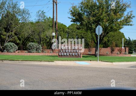 Sign for the City of Lubbock Cemetery, burial site for Buddy Holly; in Lubbock, Texas, USA. Stock Photo