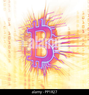 Bitcoin ₿ cryptocurrency in blockchain network, digital currency symbol, conceptual illustration in bright glowing purple yellow colors Stock Photo