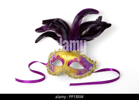 Purple and Gold Venetian Mask with Feathers or Plumes and Purple Ribbon on White Background Stock Photo