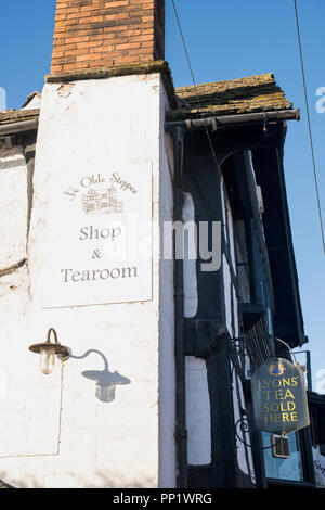 Ye Old Steppes. Shop and tearoom signs in the village of Pembridge. Herefordshire. England Stock Photo