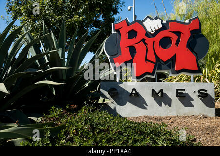 A logo sign outside of the headquarters of Riot Games, Inc., in Los ...
