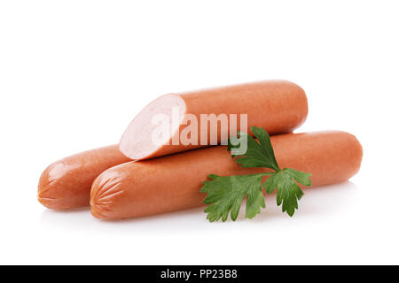 Three fresh sausages with a parsley leaf isolated on white background Stock Photo