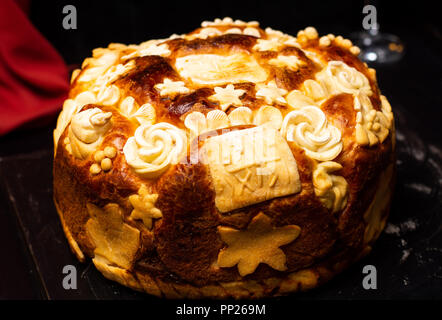 Serbian slava bread baked and decorated in traditional style Stock