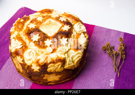 Serbian slava bread baked and decorated in traditional style Stock Photo