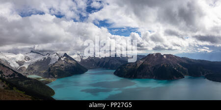 Beautiful panoramic landscape view of Garibaldi Lake vibrant sunny summer day. Taken from top of Panorama Ridge, located near Whister and Squamish, No Stock Photo