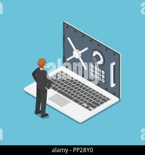 Flat 3d isometric businessman standing with laptop and security door on monitor. Personal data security concept. Stock Vector
