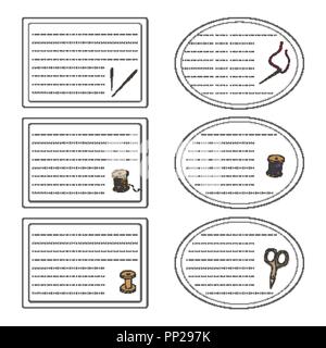 Sewing accessories frame sticker set. Threads, thimble scissors, needles. Vector illustration. Stock Vector