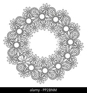 Black and white doodle wreath. Flowers decorative frame. Floral ornament. Design element with space for your text. Perfect for coloring books, cards, invitation, wedding. Vector illustration Stock Vector