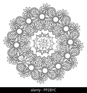 Adult coloring page with flowers pattern. Black and white doodle wreath. Floral mandala. Bouquet line art vector illustration isolated on white background. Round design element Stock Vector