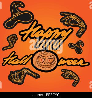 Happy Halloween. Letitering with creative elements. Pumpkin lantern, bones and witch hat. Background. Jack-o'-lantern hand drawing Stock Vector