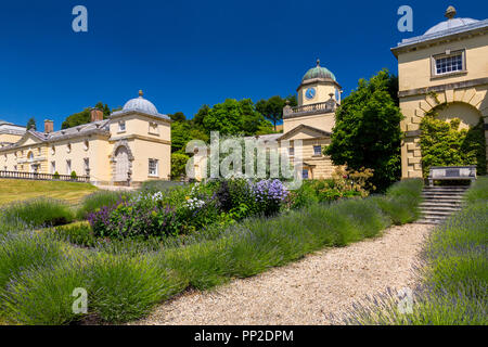 Impressive Palladian architecture and colourful planting at Castle Hill House and Gardens, near Filleigh, Devon, England, UK Stock Photo