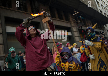 Barcelona 22 September, 2018. The correfocs are part of the Catalan culture and in them we can see young and old enjoying the percussion rhythm of the Stock Photo