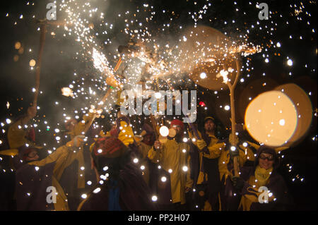 Barcelona 22 September, 2018. The correfocs are part of the Catalan culture and in them we can see young and old enjoying the percussion rhythm of the Stock Photo