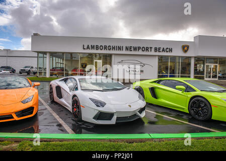 Newport Beach, California, USA - January 9, 2018 : Lamborghini cars in different colors parked at the factory authorized dealership for Orange County  Stock Photo