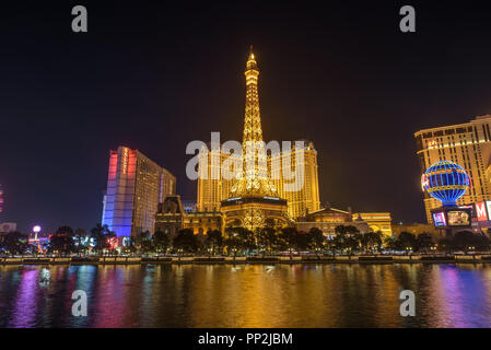 Las Vegas, Nevada, USA - December 29, 2017 : Paris Las Vegas Hotel and Casino with the replica of Eiffel Tower at night. Stock Photo
