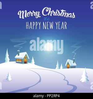 Merry Christmas and Happy New year greeting card - winter moonlight at village