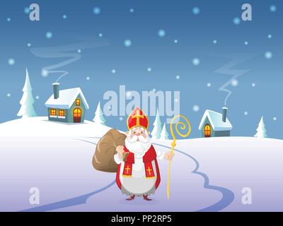Saint Nicholas is coming to village - Winter landscape at night Stock Vector