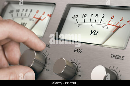Man turning volume button of a vintage analogic amplifier to increase sound volume. Composite image between a hand photography and a 3D background. Stock Photo