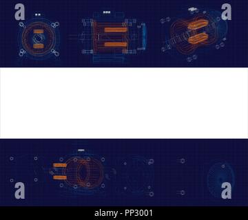 Template drawings engine assembled and disassembled. Stock Vector