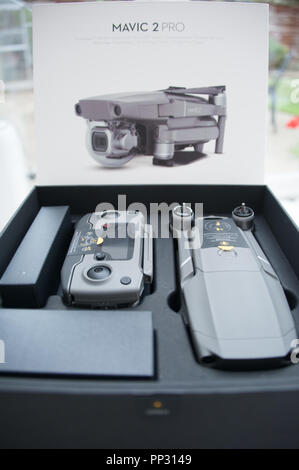 The Mavic 2 Pro drone was released for sale in September 2018 by company DJI and is supplied in a beautifully presented box Stock Photo