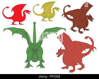Vector illustration set of dragon. Isolated. Stock Vector