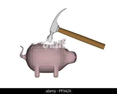 Vector illustration of breaking piggy bank with a hammer. 3D. Stock Vector