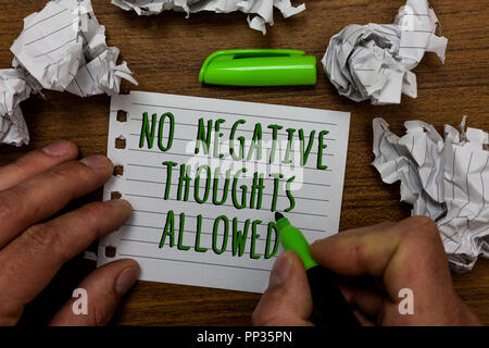 Word writing text No Negative Thoughts Allowed. Business concept for Always positive motivated inspired good vibes Hand hold green pen and words on wh Stock Photo