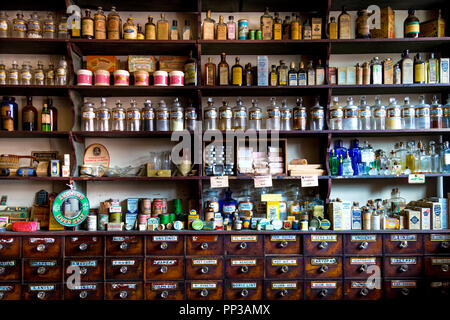Shelves with medication at an old-fashioned Victorian chemists (Pharmacy), Black Country Living Museum, Dudley, England Stock Photo