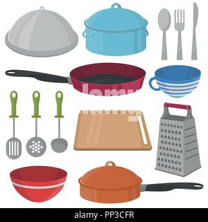 Vector Kitchenware and cooking equipment icon set - frying pan, cup, pan, bowl, board, etc Stock Vector