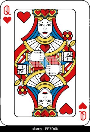 Playing Card Queen of Hearts Yellow Red Blue Black Stock Vector