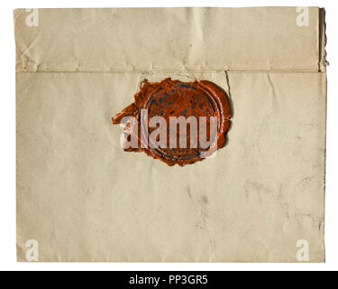Old vintage yellowed envelope with red wax seal - isolated on white background Stock Photo