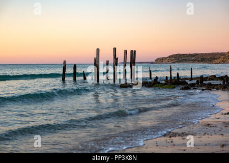 Sunset at the iconic Port Willunga Jetty ruins in South Australia on 22nd September 2018 Stock Photo