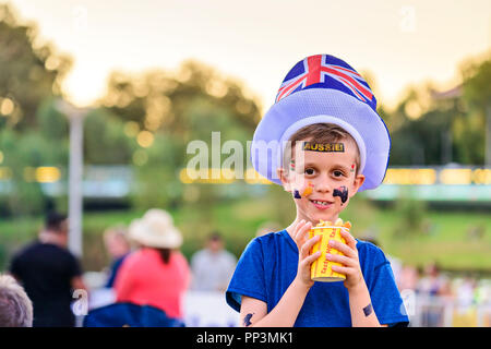 Cute Australian boy with flag tattoo on his face on Asutralia Day celebration in Adelaide Stock Photo